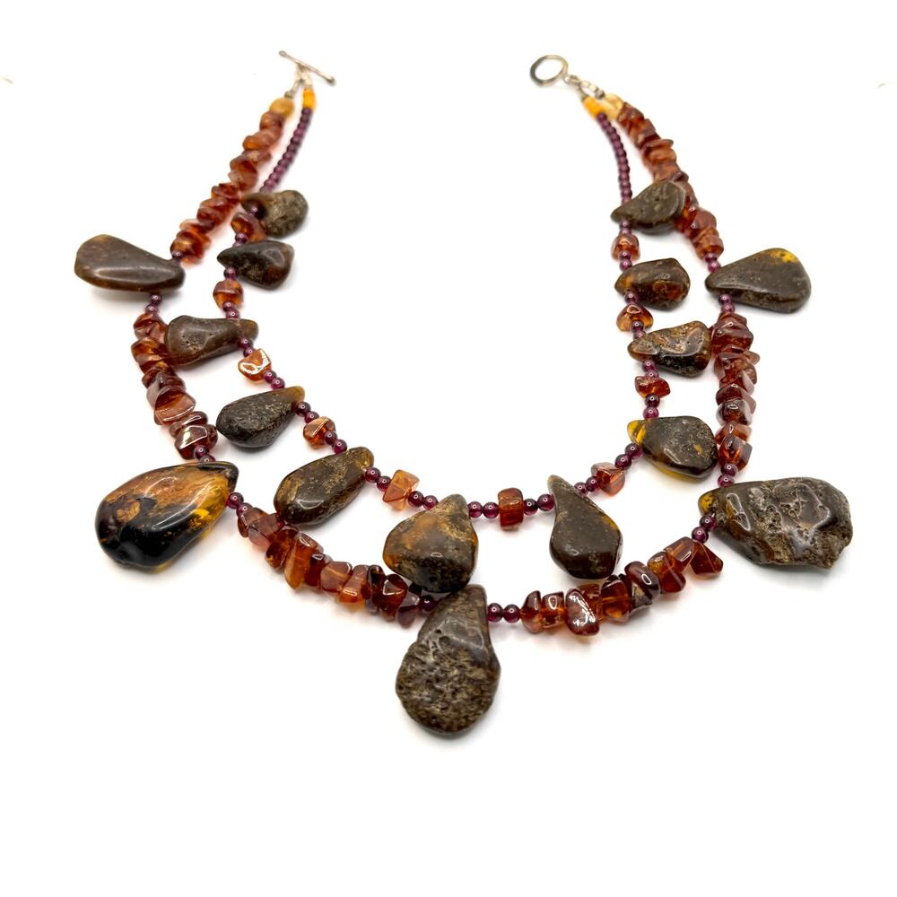 Vintage 90s Raw Amber Garnet Organic Double Strand Toggle Statement Necklace